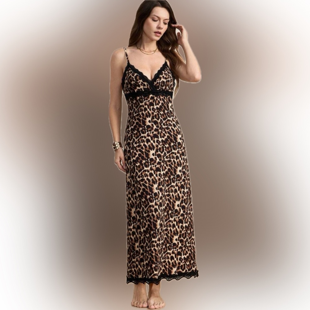 Leopard Print Lace-Trim Chemise Slip Dress - Black & Brown size M